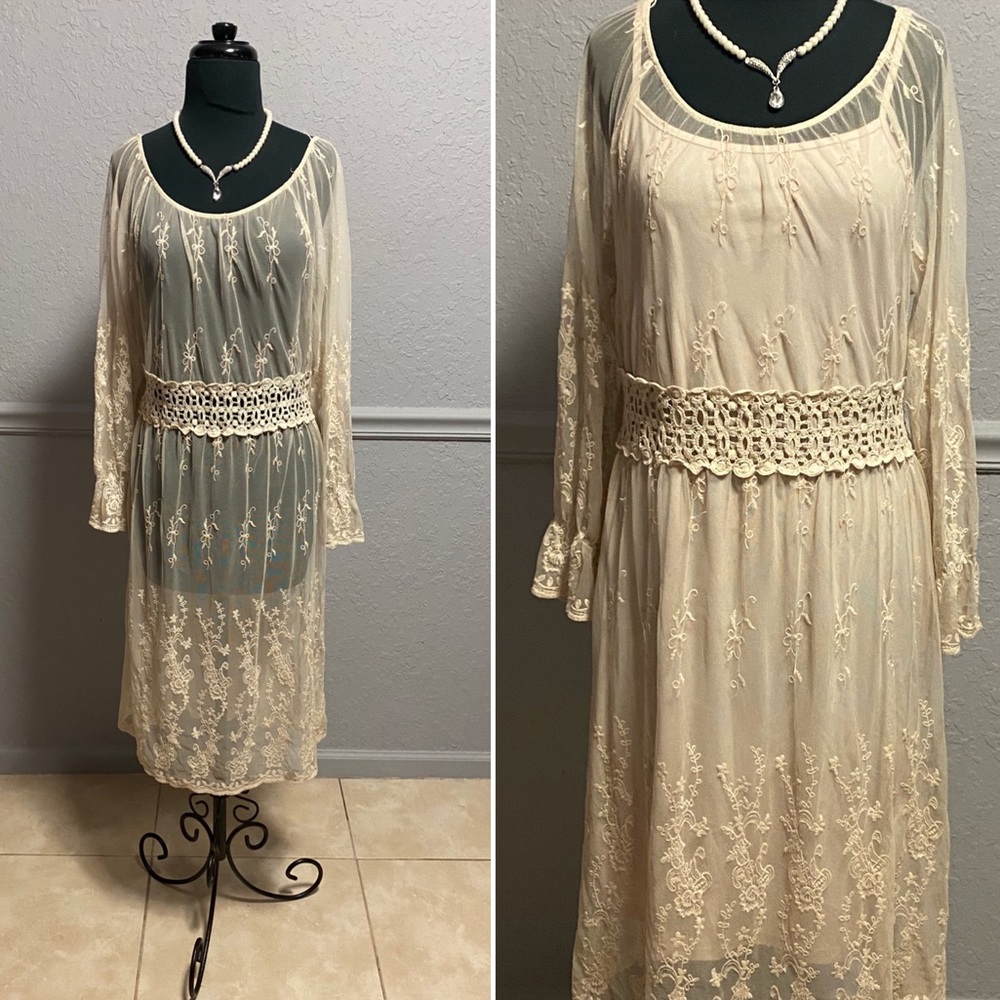 Beautiful 20s 30s Repro Sheer Cream Lace Dress L